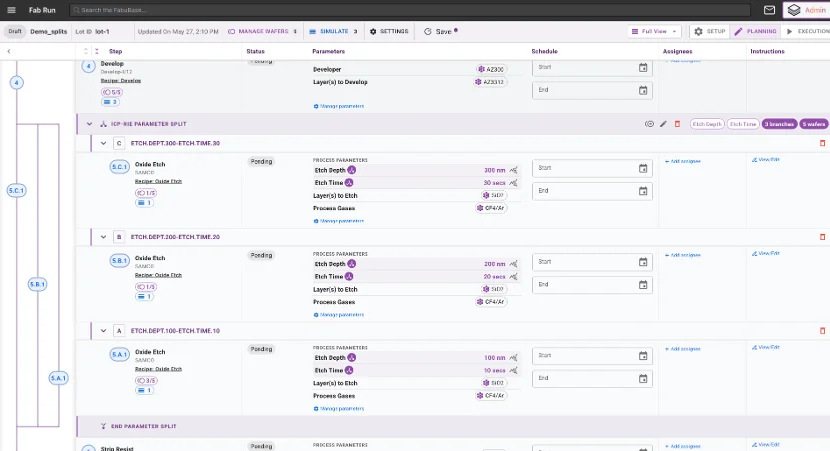 A Fab Run’s planning view: each step with its recipe parameters, schedule, assignees, and instructions, including a three-way parameter split.