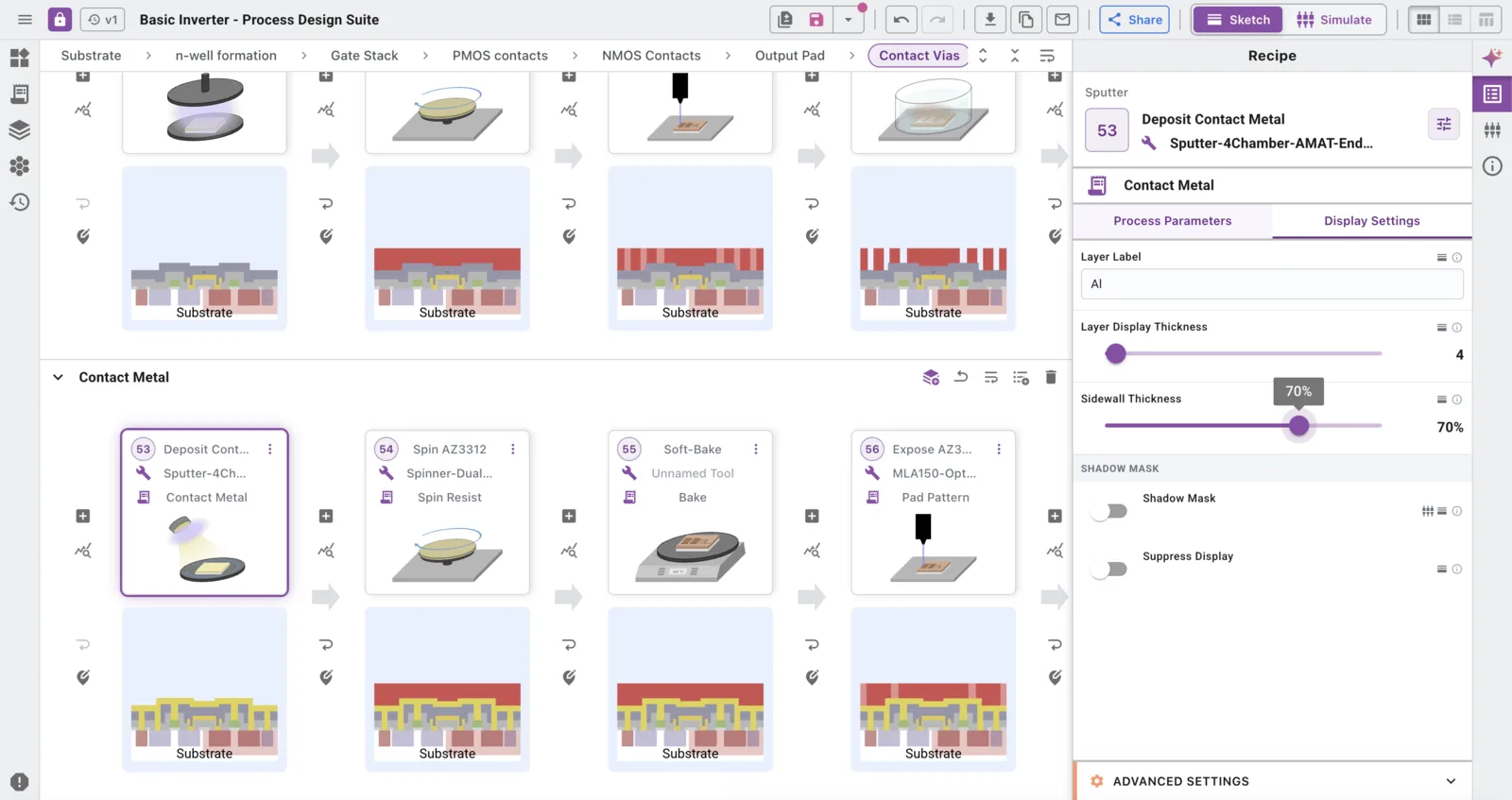 Adjusting a layer thickness in the Process Design Suite and watching every cross-section in the flow update.