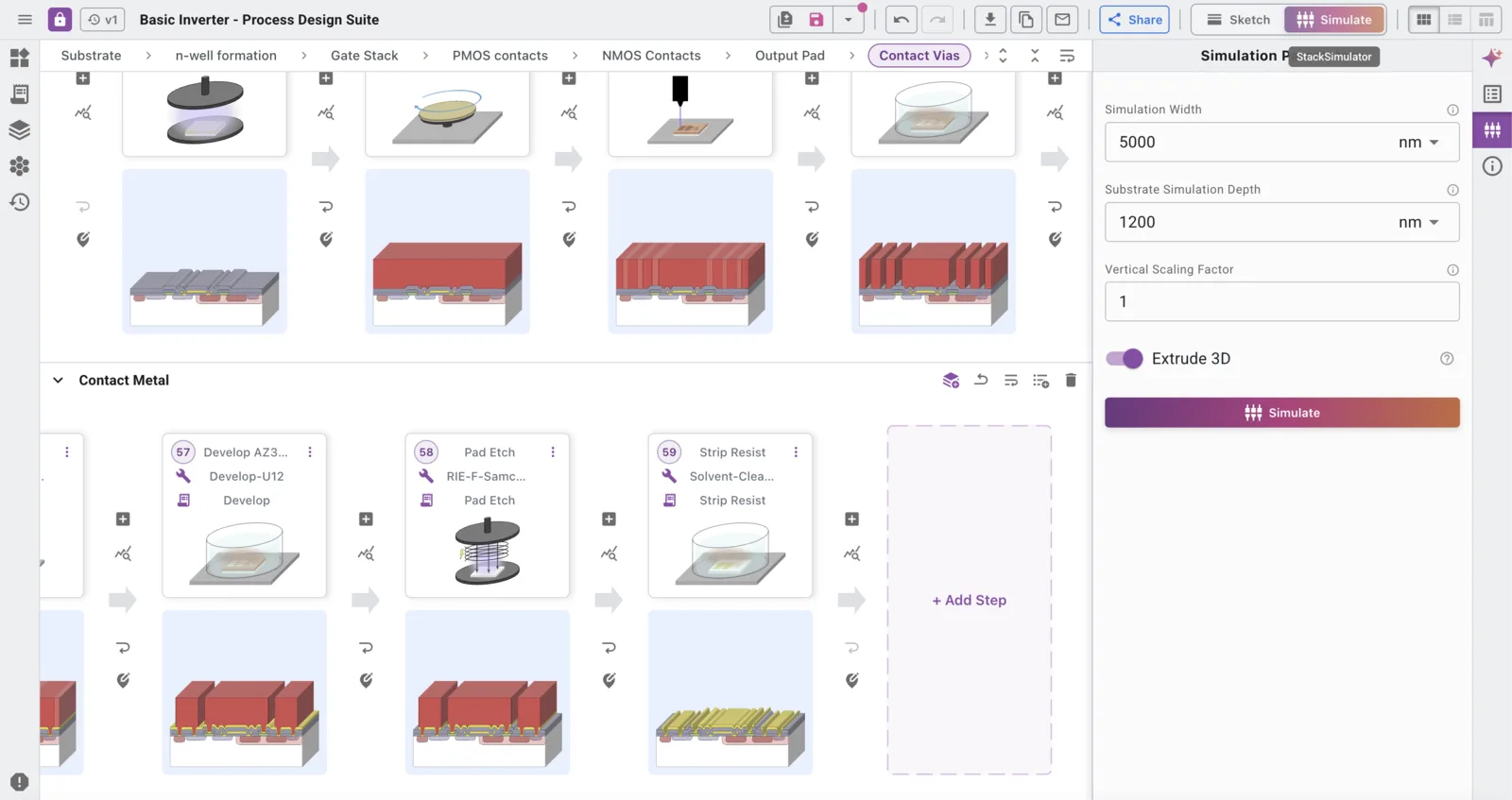 Running the layer stack emulation and stepping through the simulated three-dimensional structure after each step.