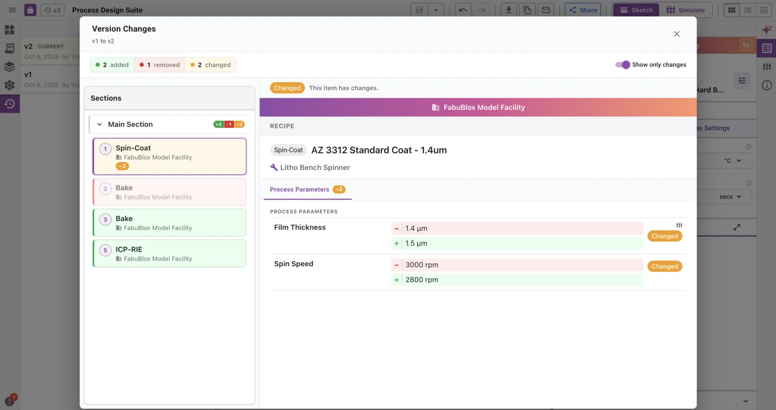 Comparing two versions of a process: added, removed, and changed steps and the parameters that differ.