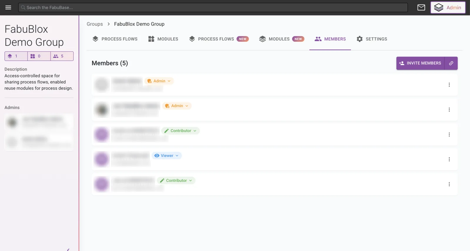 A group workspace listing shared process flows and members, and changing a member’s role.